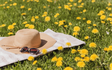 Un chapeau et des lunettes de soleil posés sur de l'herbe fleurie