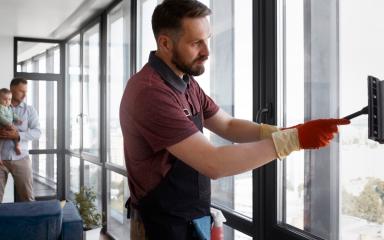 Un aide à domicile nettoyant les vitres (c) freepik